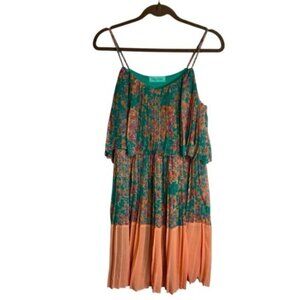 Filly Flair Women’s Medium Floral Teal Coral Mini Dress Pleated Lined Spaghetti